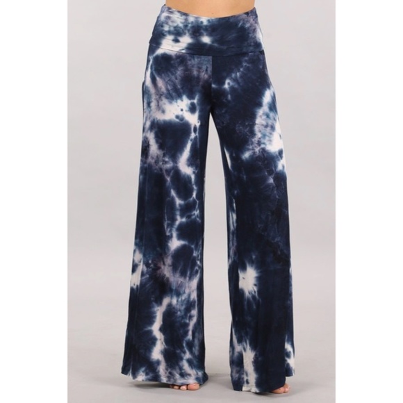 SOLD OUT Bohemian Navy Tie Dye Foldover High Waist Wide Leg Palazzo Lounge - Picture 2 of 6